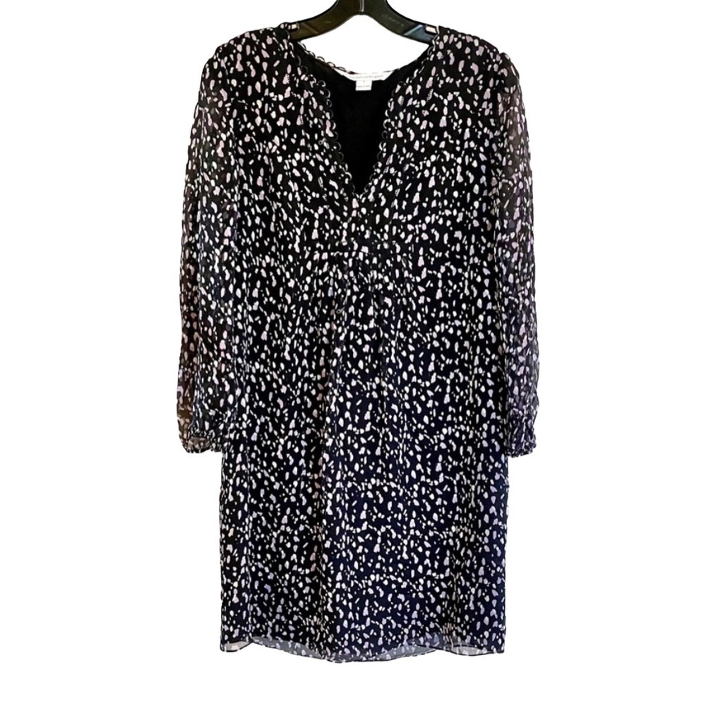 DVF Silk Sheer Sleeve Dress Black Soft Ivory Lavender Print Size 4 - Picture 2 of 5